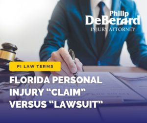 person in blue suit with fountain pen filling out paperwork with decorative text saying PI LAW TERMS "Florida Personal Injury Claim Vs Lawsuit"