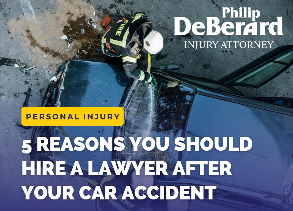 firefighter breaking front glass on a blue car after car accident with the headline "5 reasons you should hire a lawyer after your car accident"